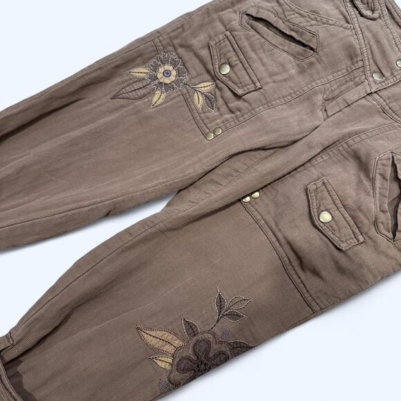 Y2K Grunge MNG Mango Brown Cargo Capri Pants Floral Embroidery Buckle Hem Size 2 - Picture 5 of 8